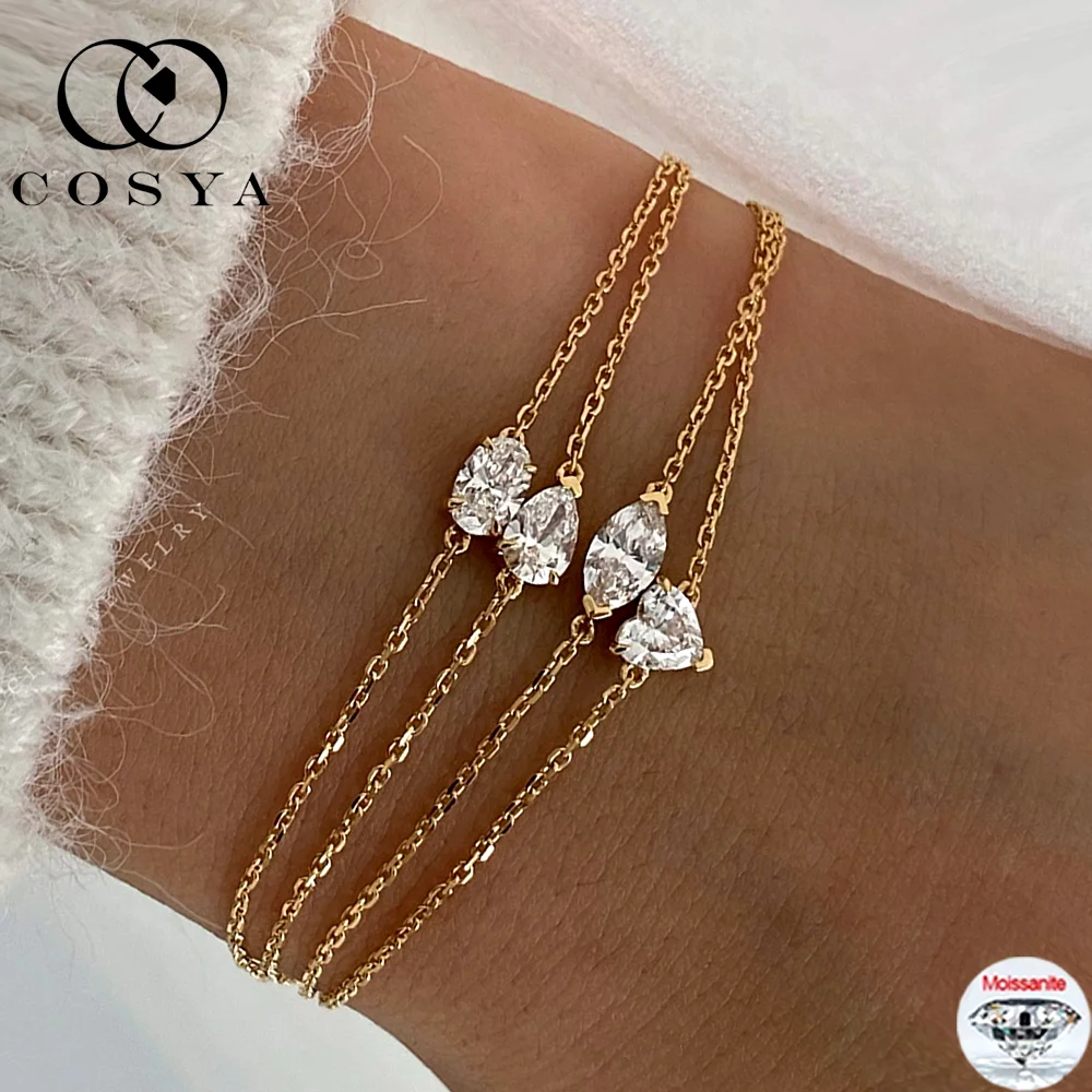 

COSYA браслет-пасьянс из муассанита с грушей/маркиза/сердечком, серебро S925, золото 18 карат, лабораторная бриллиантовая цепочка на руку для женщин, ювелирные изделия
