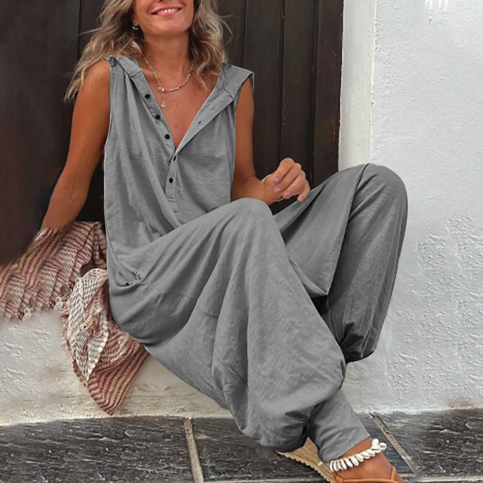 Loose Casual Jumpsuit Buttoned Hoodie Svel Wide Leg Pants Summer Comfortable One-Piece Suit Asymmetrical Flared Trousers