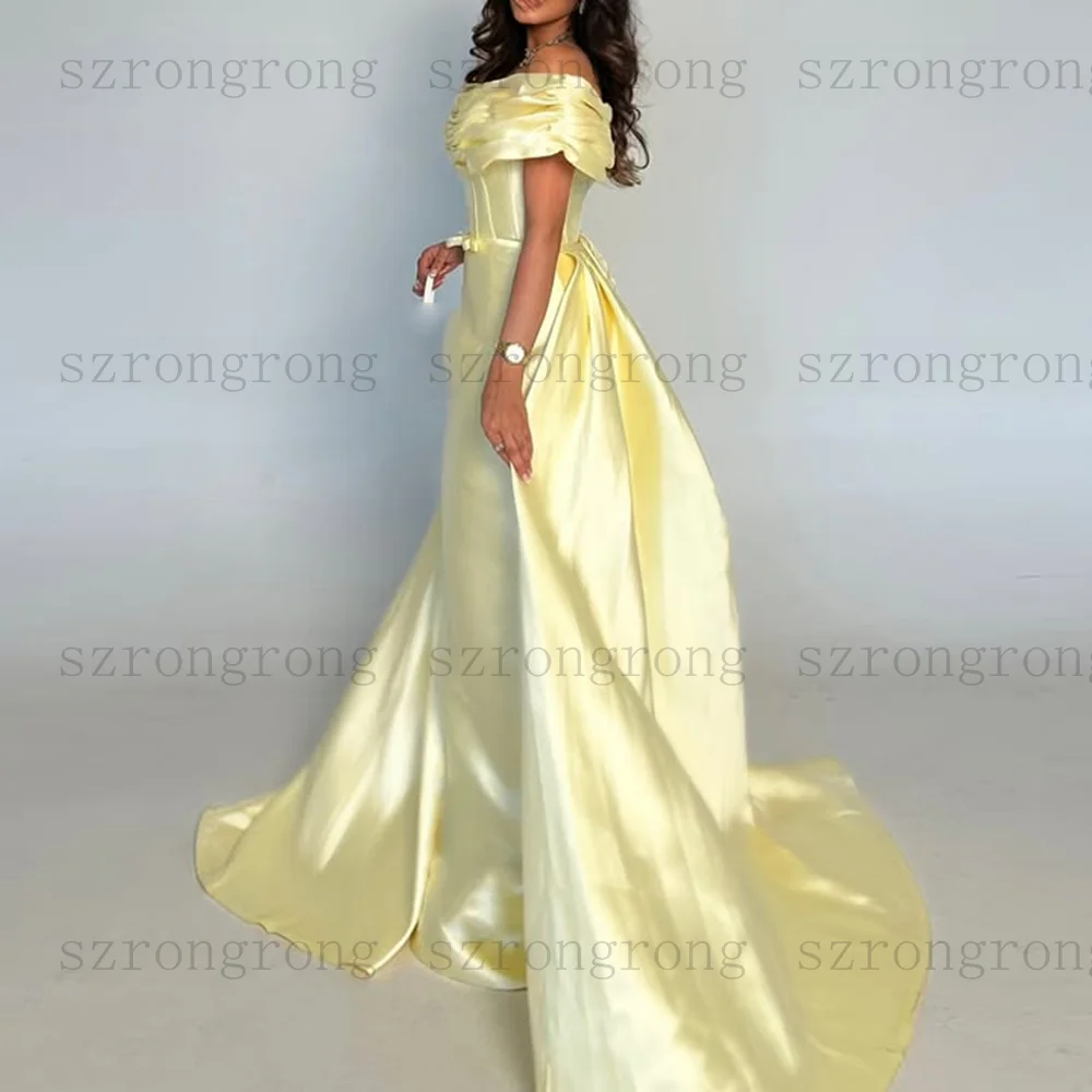 Abito da sera dritto con scollo a barchetta personalizzato Piega con spalle scoperte Abito da ballo lungo in raso con strascico staccabile senza schienale