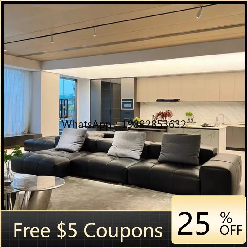 

HYS minimalist leather sofa living room black first layer leather art straight row modular combination