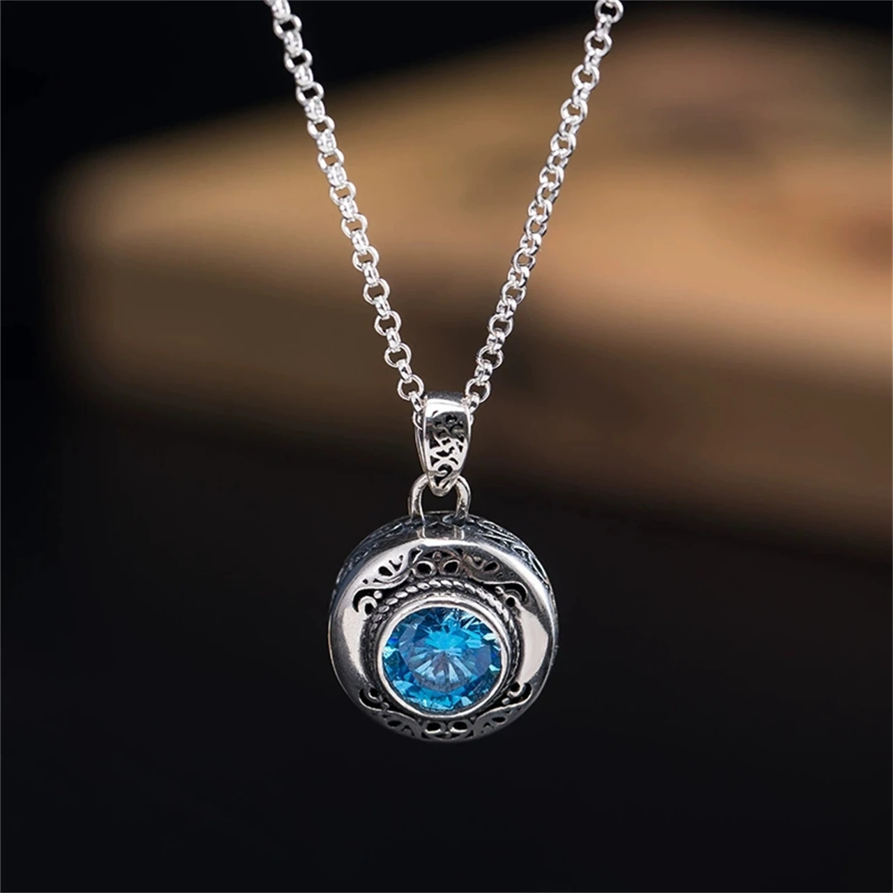 

S925 Sterling Silver Blue Zircon Retro Pendant Necklace Original Fashion Party Hip Hop Man Womens Charm Gifts Jewelry Wholesale