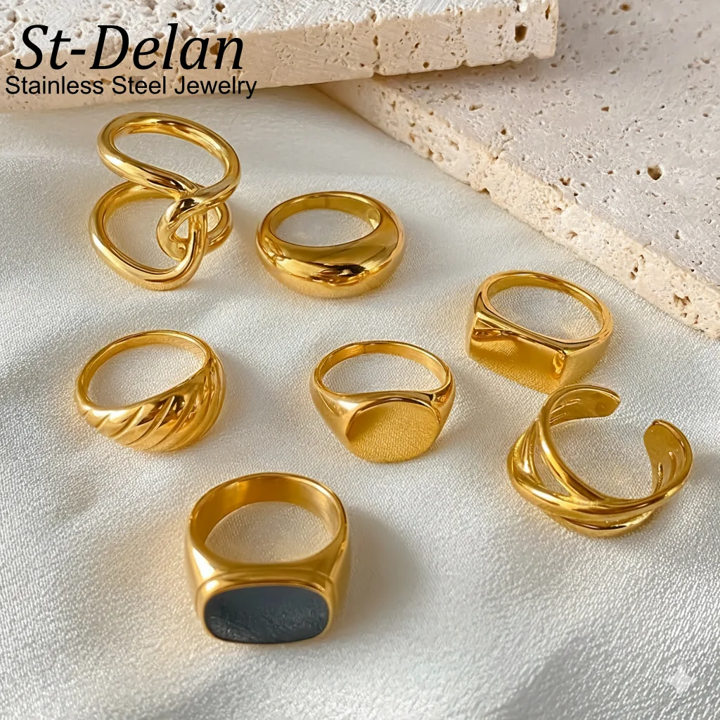 Hiraeva Vergoldete Edelstahl-Herzringe Set für Damen, Klobige Offene Verstellbare Minimalistische Modeschmuck – Detail 2