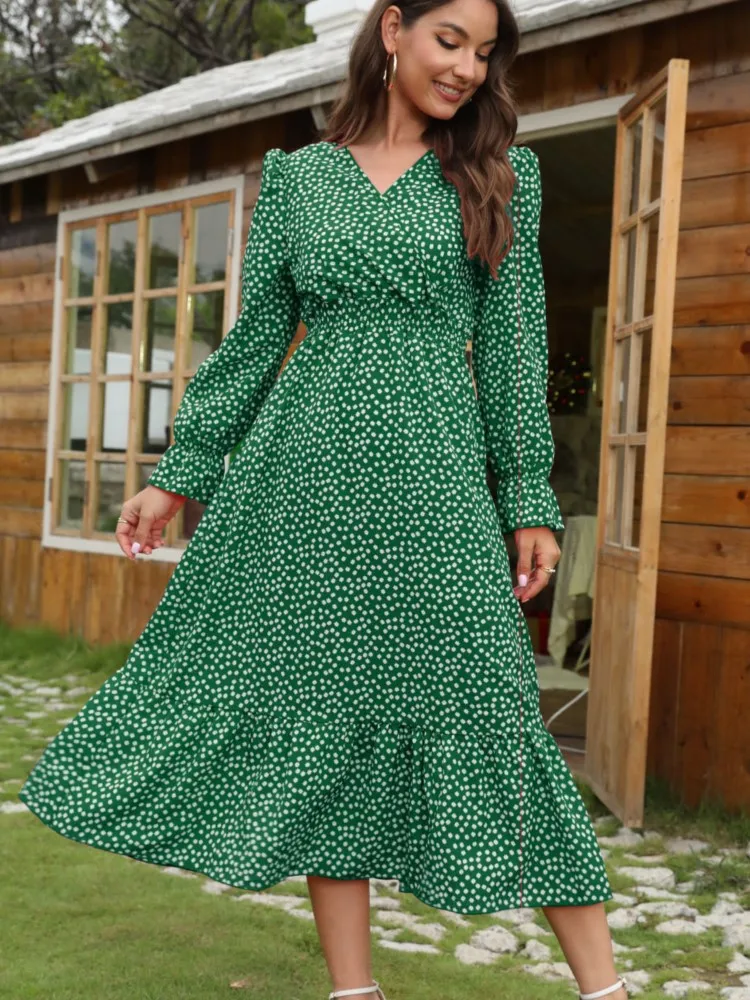 

2023 Womens Fashion Polka Dot Print Long Sleeve Midi Dresses Elegant Casual V-Neck Resort Style Beach Dress Autumn Winter