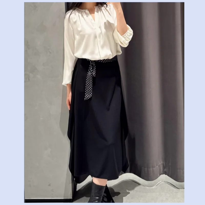 26 year new simple and fashionable versatile ruffle edge pleated side slit elastic waist skirt with temperament