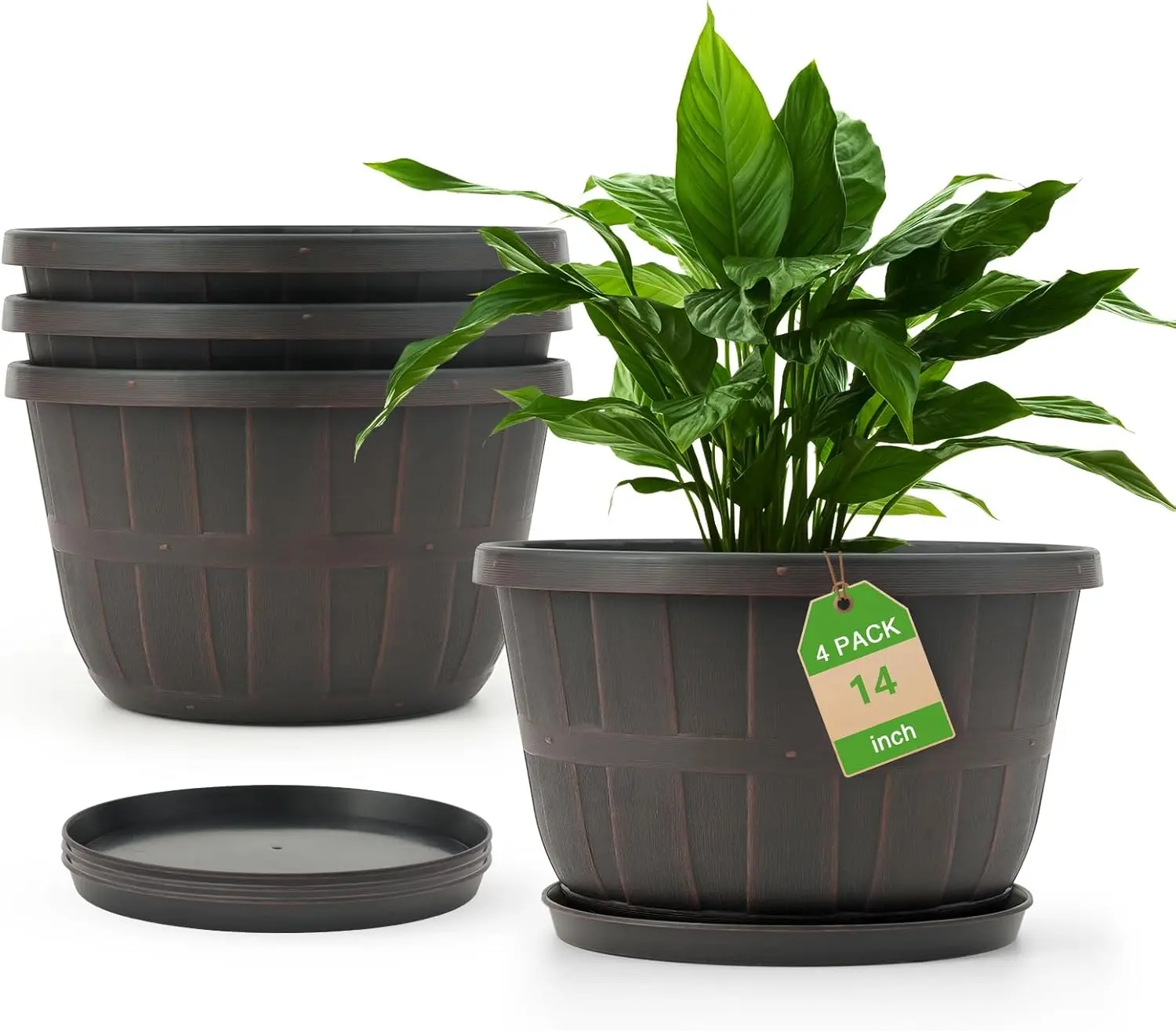 

14 Inch Brown Resin Planter Pot with Drainage Holes and Saucers, 4-Pack for Indoor Outdoor Plants