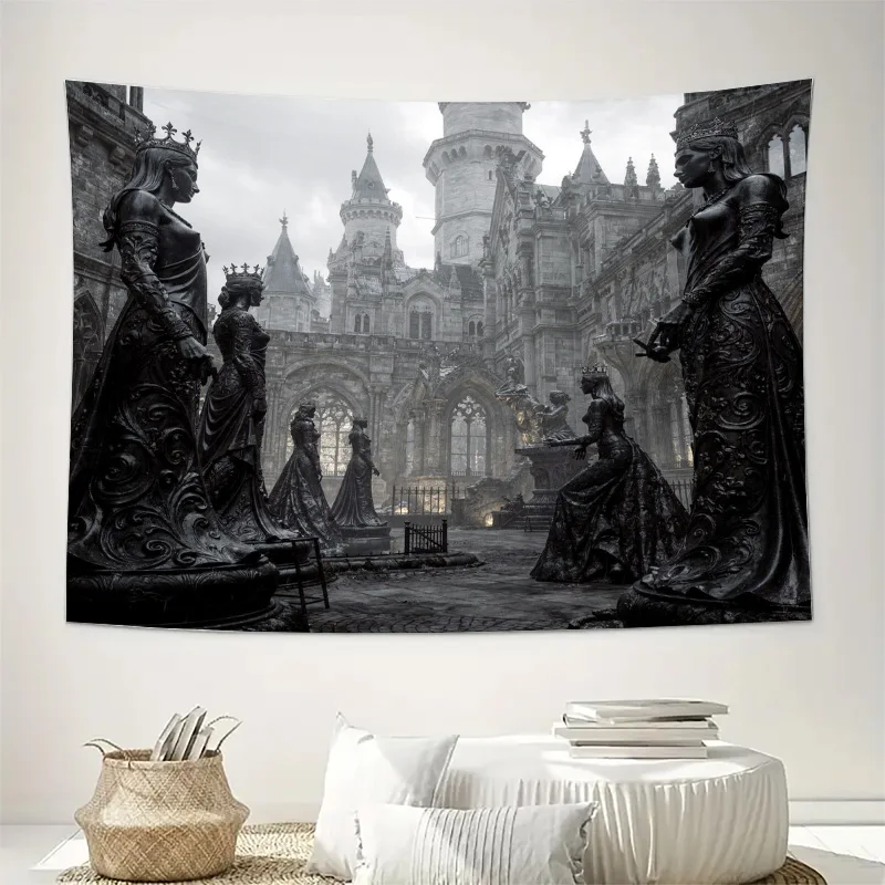 Luxurious Vintage Gothic Tapestry Wall Hanging Print Monochrome Palace Figures Renaissance Art Decor European Manor Style Large