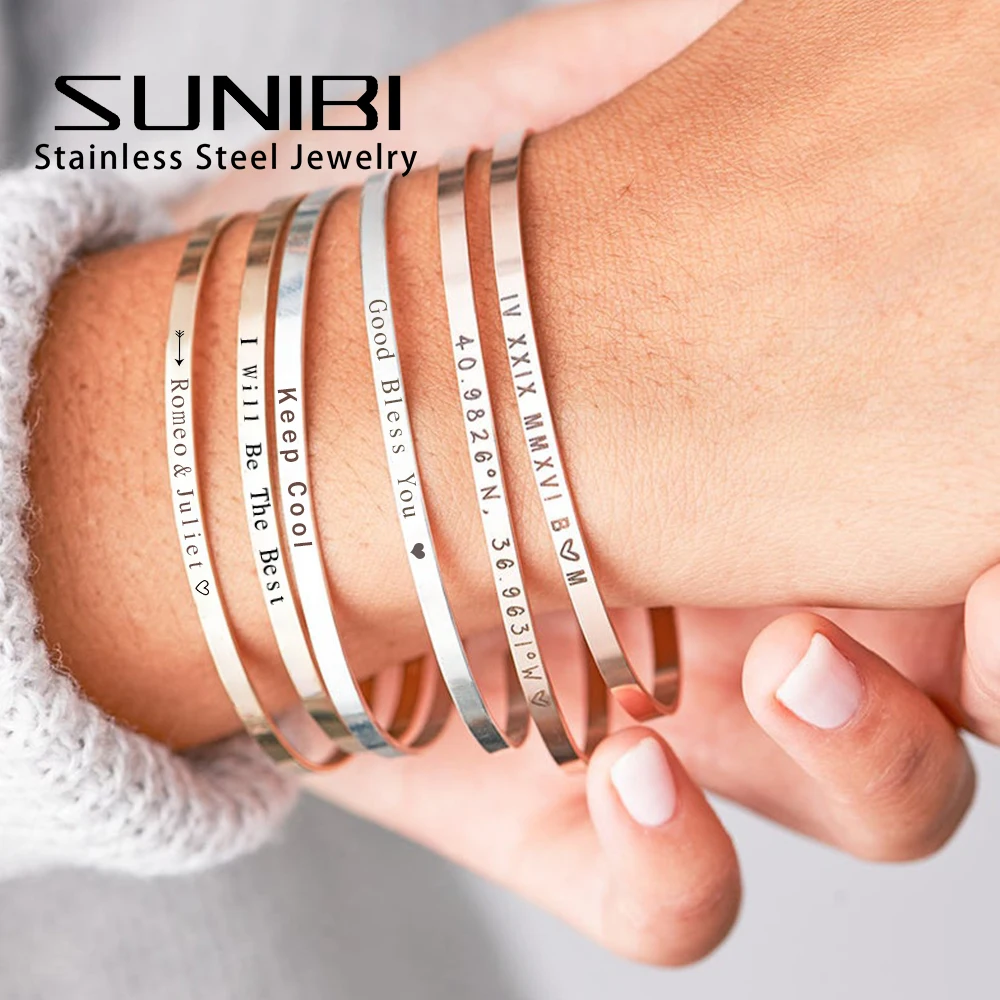 

Custom Name Stainless Steel Bangle for Women Engraved Words Letters 4mm/6mm with Hollow Out Heart Bracelet Personalized Jewelry