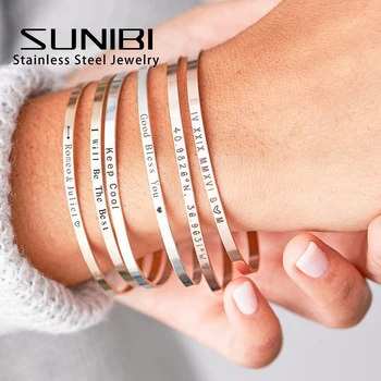 カスタム名ステンレス鋼バングル女性のための彫刻言葉文字 4 ミリメートル/6 ミリメートル中空ハートブレスレットパーソナライズジュエリー