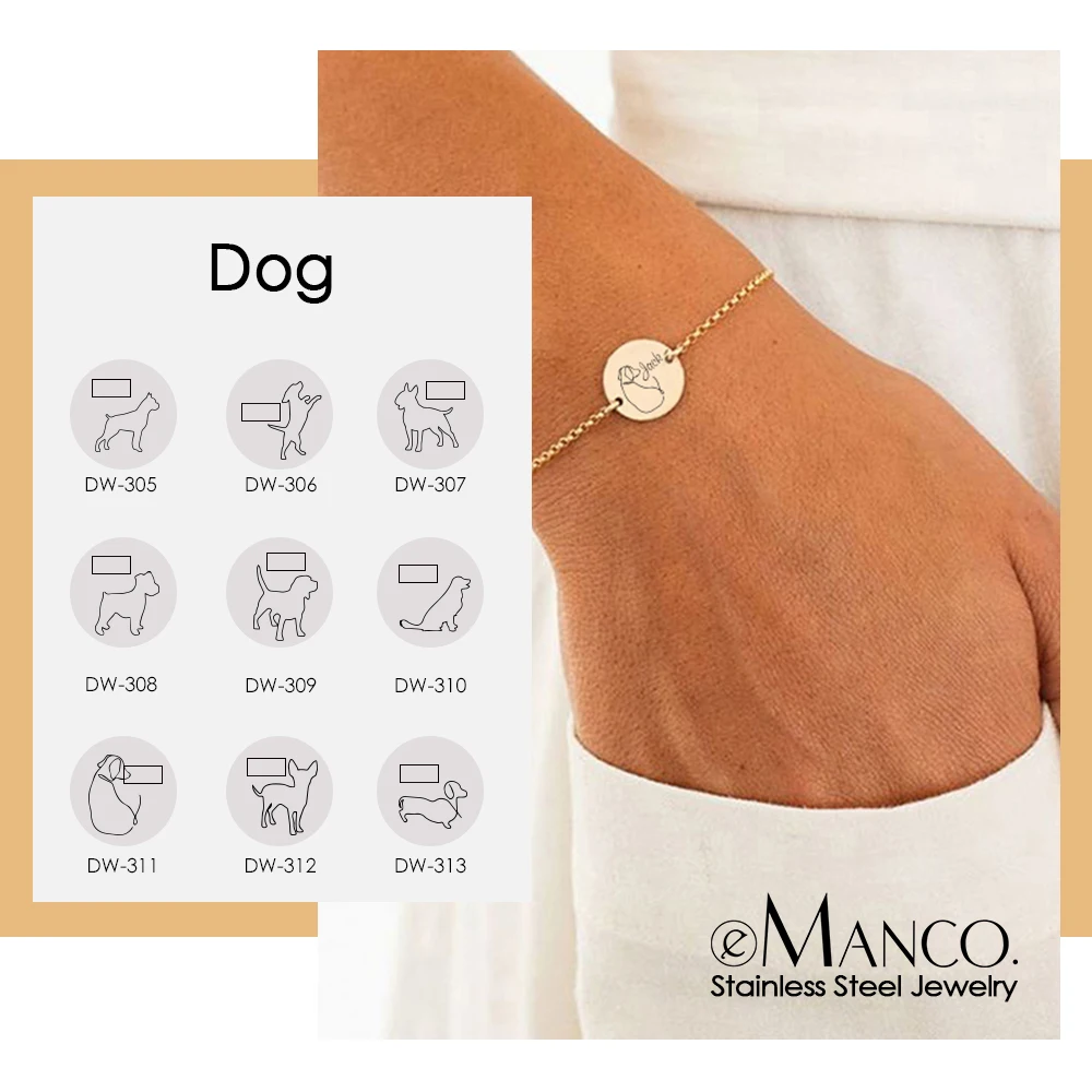 eManco Cute Dog Dog Engraved Bracelet Animal Zoo Meaningful Gifts for Loved Ones Flat Smooth Chain Bracelet Charms Customizable