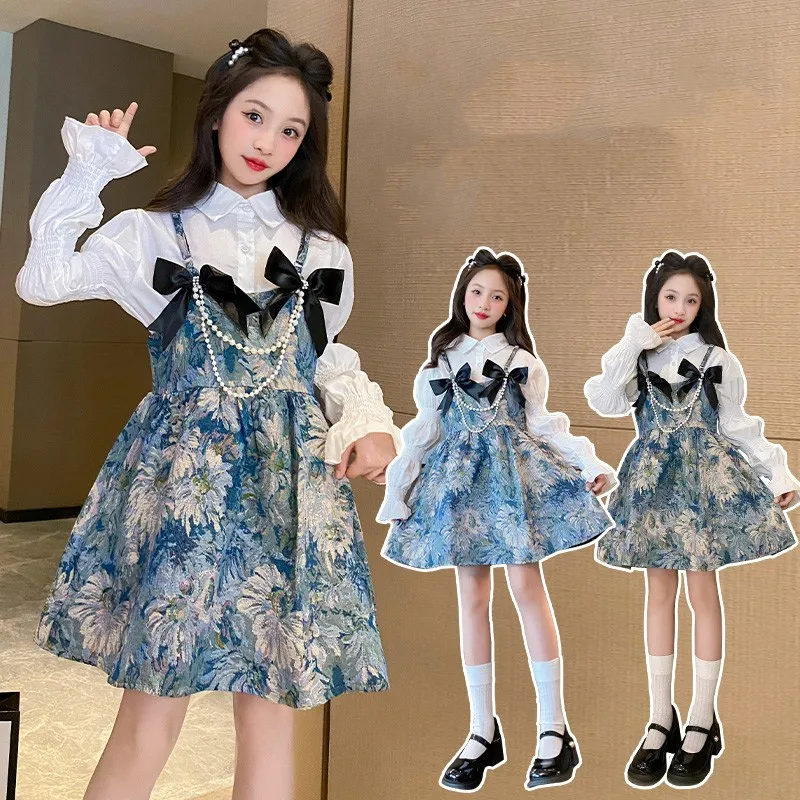 Children's Dress Suit Princess Flowers Print Mini Dress Sweet 2 Piece Set Bow Strapless Dresses Elegant Long Sleeve White Shirts