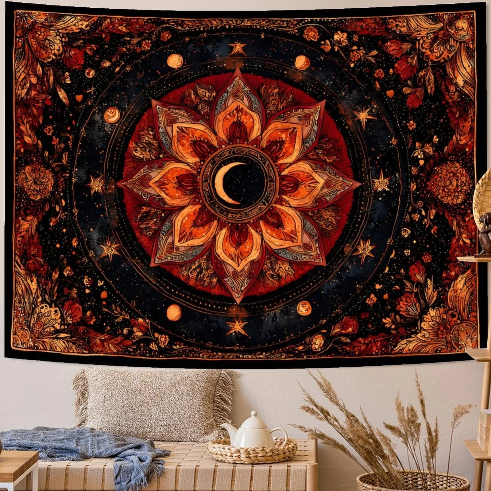 VIKAMA Schwarz-orangefarbener böhmischer Wandteppich, Wandbehang mit Sonne, Mond, Sternen, Tarot-Druck, Heimdekoration für Schlafzimmer und Wohnzimmer, Wohnheim
