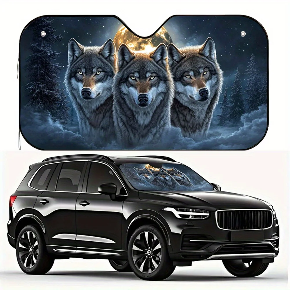 One Piece Of A Two-Dimensional Flat Sunshade Featuring Three Wolves And The Moon – Designed To Keep Your Car Cool, It Is Foldabl