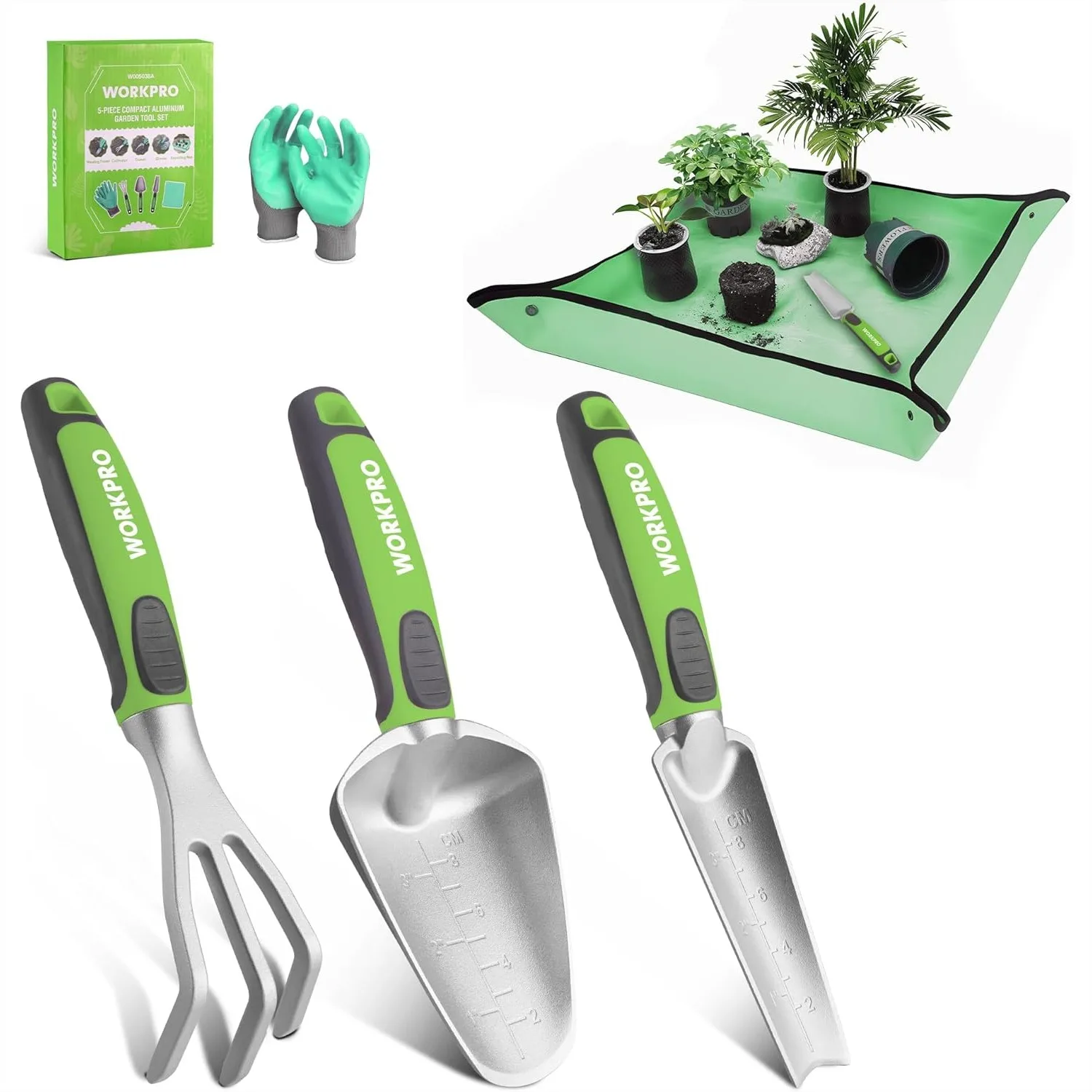 

5PCS Aluminum Garden Tool Set with Repotting Mat, Lightweight Hand Tools for Digging & Transplanting, Green