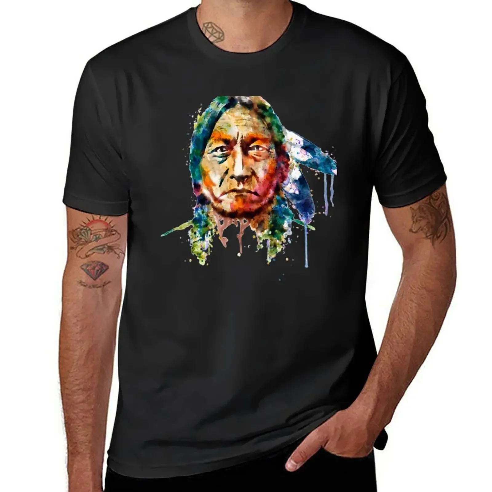 Sitting Bull watercolor painting T-Shirt cheap stuff summer tops men clothing