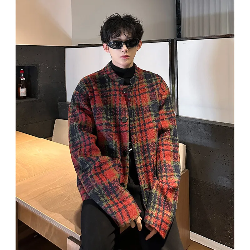 

Retro American Plaid Men's Jaet Outerwear Woolen Suit ort Cleanfit Top for Autumn Winter Stand Fit Long Sve Buttoned