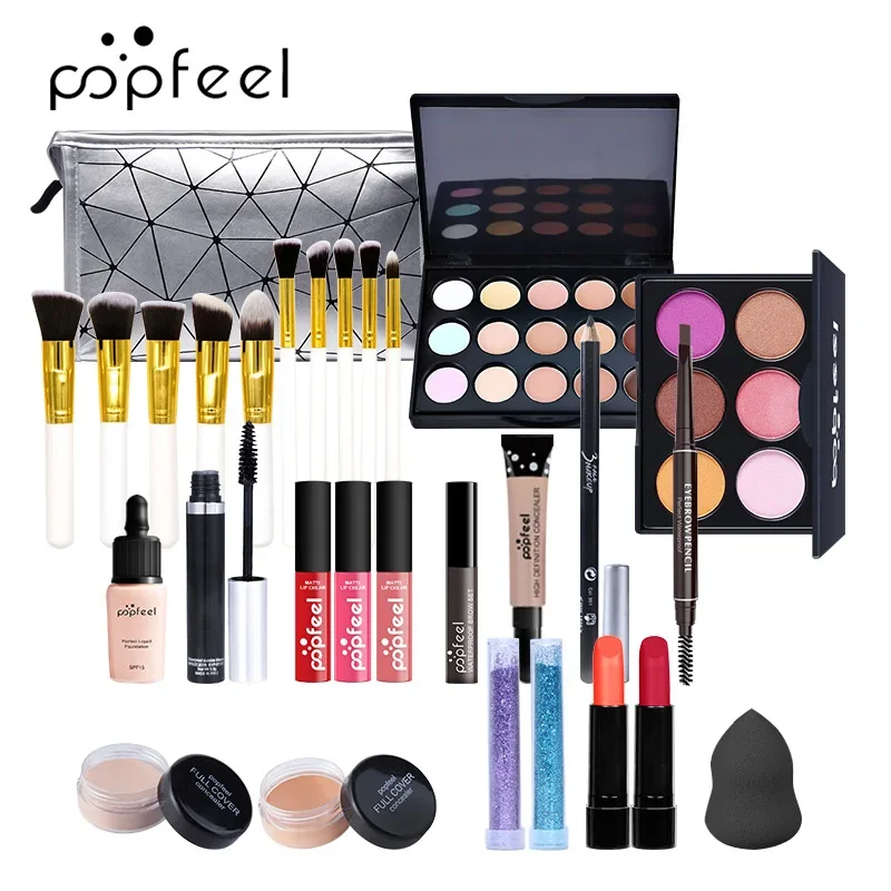 Popfeel-Kit de Maquillage Complet Tout-en-un pour Femme, Ombre à Paupières, Eyelger, Lèvres, Mascara, Brosse, Coffret de Luxe, Cadeau Cosmétique