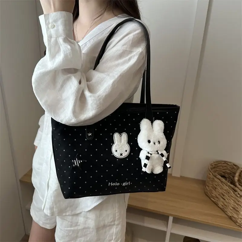 Anime Miffy Polka Dot Tote Bag for Women Fashion Versatile Shoulder Handbag Hand Carry Bag for Students Campus Classes Lovely