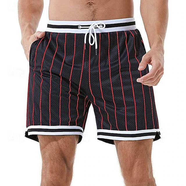 Men's Striped Basketball Shorts Quick Dry Drawstring Waist Athletic Shorts For Training Gym Workout Street Simple Basic Shorts