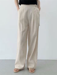QOERLIN Linen Pants Women 2025 New High Waisted Wide Leg Office Ladies Trousers with Pocket Solid Pants Korean Fashion Casual