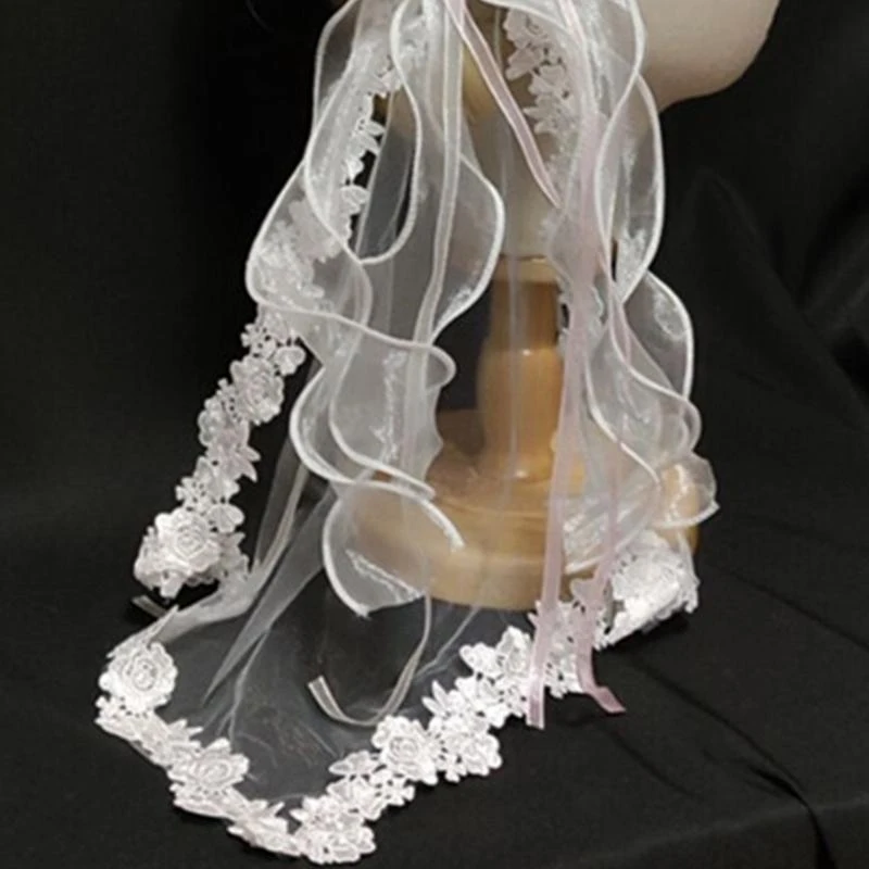 

R1WE Girls Lace Veil Headdress Ribbon Bow Royal Flower Headwear Vintage Bonnet Cap Tea Party Headpiece