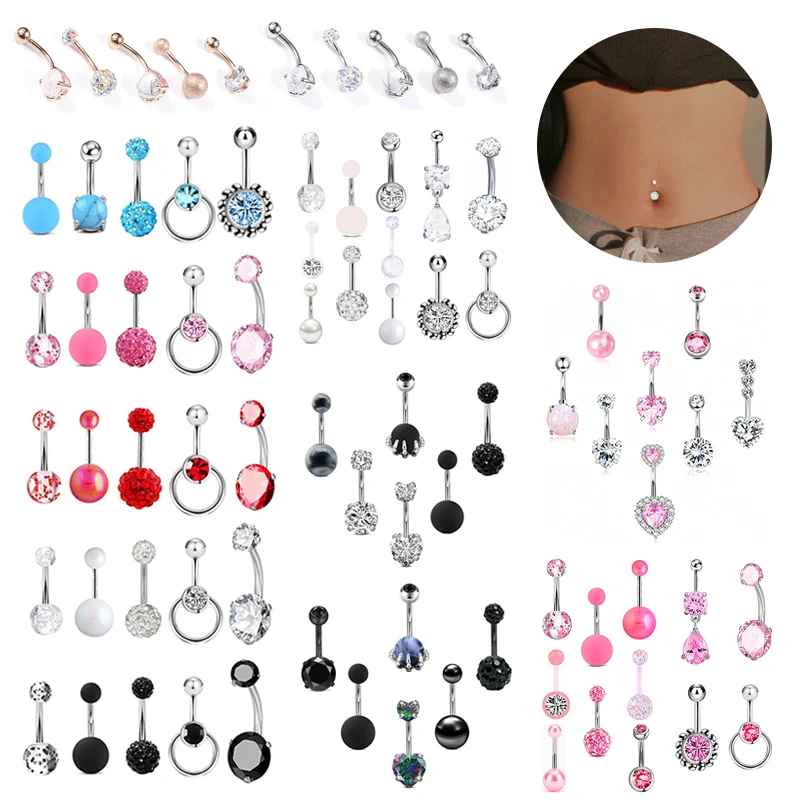 5/6/8/12Pcs Sexy Belly Button Rings Set Heart Zircon Navel Piercing Rings For Women Girls Body Piercing Jewelry Accessories Gift