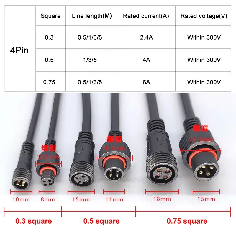 4Pin 0.3/0.5/0.75 Square Waterproof Connector Male Female Plug 2.4~6A Outdoor LED Lighting Extension Lines 1M 3M 5 Meters IP67