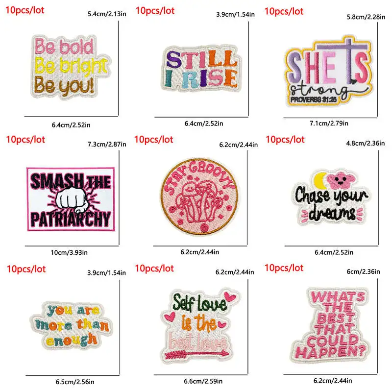 Parches bordados coloridos con texto inspirador y gráficos divertidos