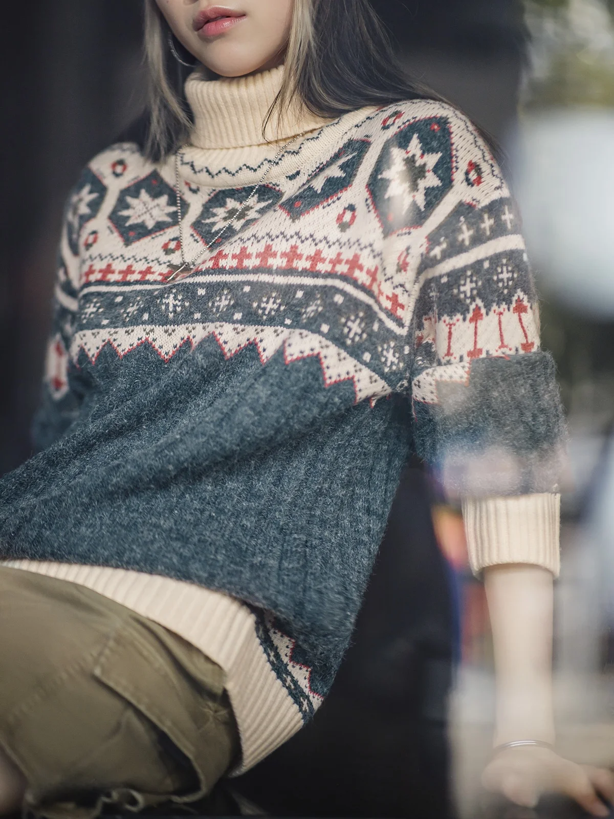 

Maden Women's Vintage Fair Isle Knit Soft Sweater Overhead New Year's Faion Commute Sle Loose Fit Long Sve High Collar