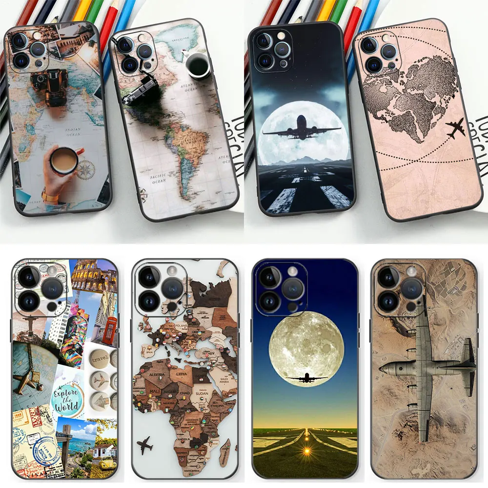 W-World M-Map Tourism Travel Airplan Plane Phone Case For Apple iPhone 15 14 13 12 11 Pro XS Max Mini 7 8 Plus 6S X XR SE Cover