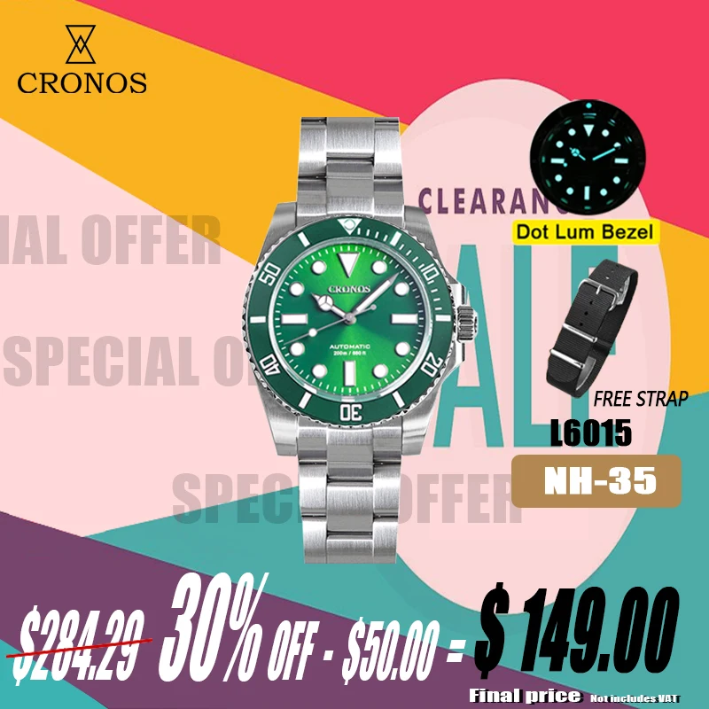 Cronos Sub Diver Men\'s Watches No Date NH35 Sapphire Cyclops Ceramic Bezel 20 ATM Glideclasp Latest Version L6015M