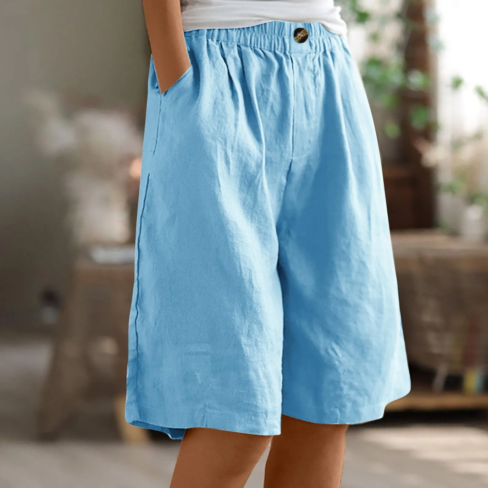 

Loose casual comfortable knee length shorts for women elastic high waisted button shorts solid color shorts with pockets