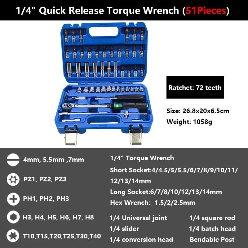 1/4\'\' Drive 2-24N.m Precise Double Scale Torque Wrench Set MTB Bike Socket Spanner Bicycle Motorcycle Ratchet Repair Toolbox Kit