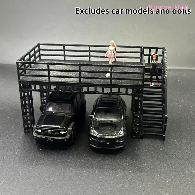 1/64 Scale Black Two-Tier Platform Diorama Frame Display Stand Steel Model Car Garage Scene Model Scene Display Accessories