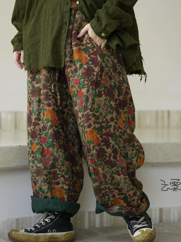 

Loose Casual Pants Original Design Retro Print Wide Leg Pants Comfortable Harajuku Sle l Waist Long Trousers for Women