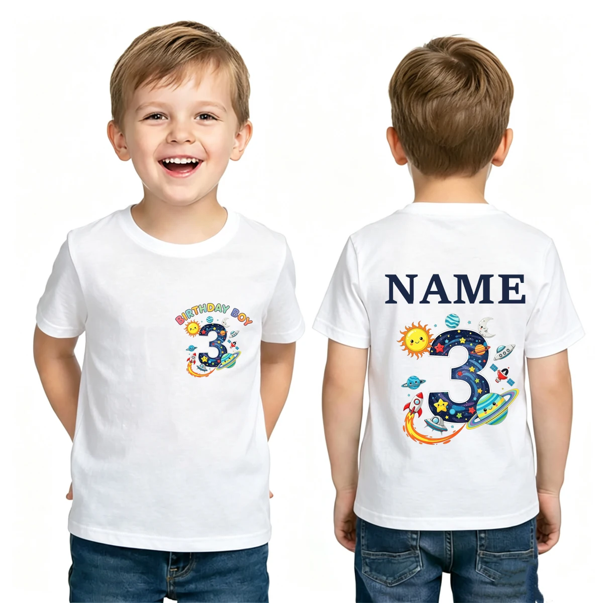 Funny front and back Birthday Boy Space Theme Personalized Name Print Boys T-shirt - Cute Kids Birthday Gift T-shirt