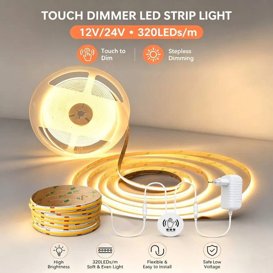 320LEDs/M RA95 High Density Flexible COB LED Strip DC12V/24V Hand Sweep Sensor Switch with US/EU Plug for DIY Home Bedroom