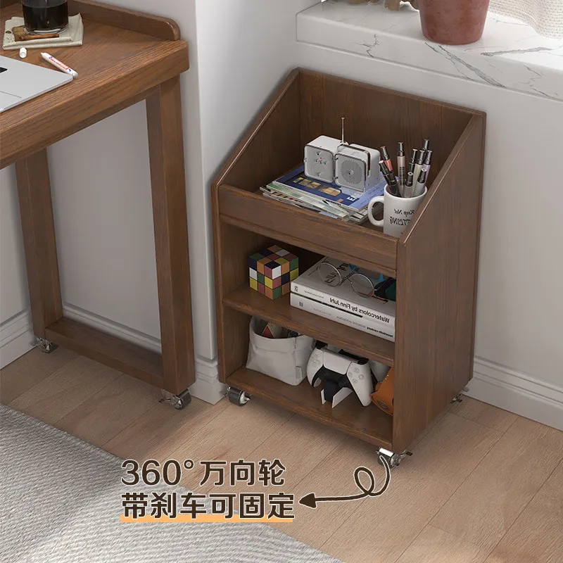 Under the solid wood office desk, file cabinet with wheels, mobile storage, schoolbag rack next to the table, student home bookc