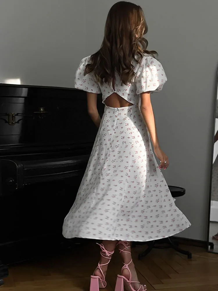 Printed Backless Slit Long Dress Women's Summer Round Neck Puff Sleeve High Waist Color Block Casual Elegant Long Dress