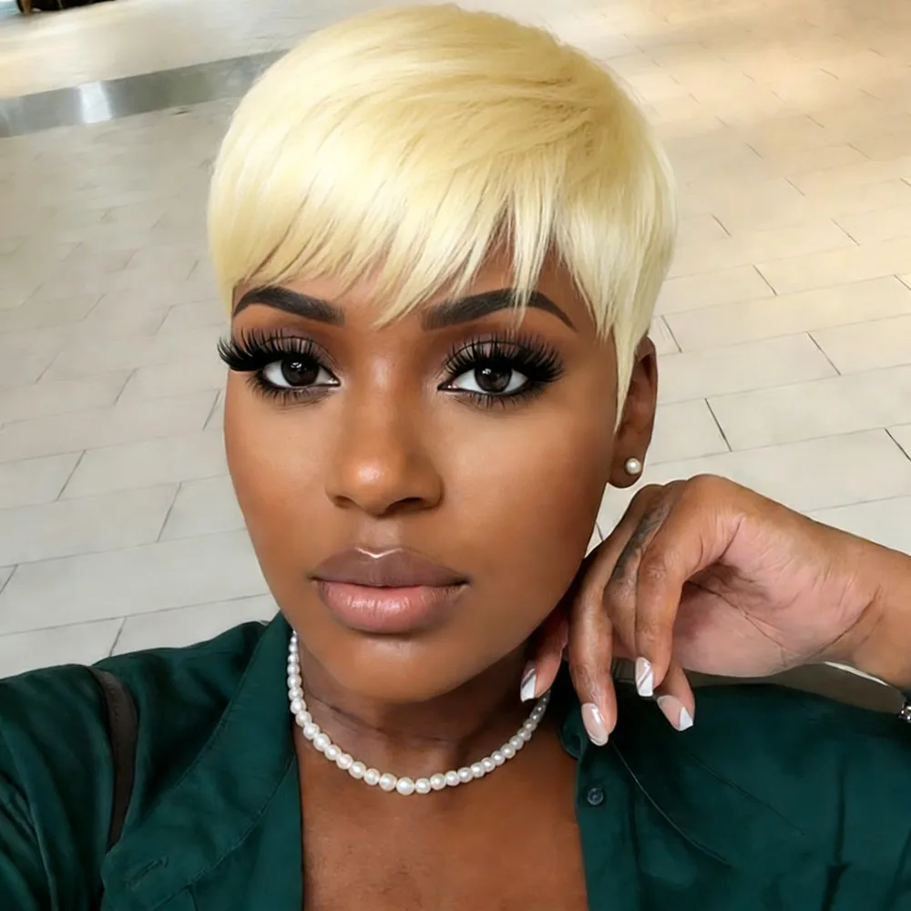 

Светлый парик из натуральных волос 613 BLONDE, короткая прямая стрижка пикси, 6 дюймов, машинная работа, 150% плотность, парик из волос Remy.