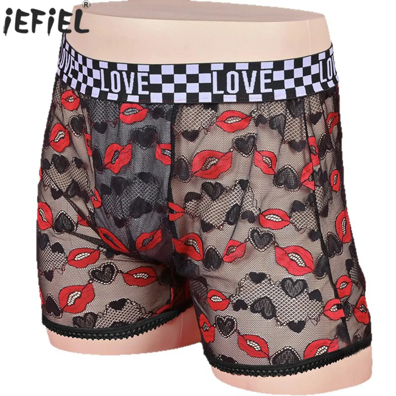

Men Lip Pattern Lace Panties Plaid Elastic Waistband Bulge Pouch See Through Briefs Underwear Sissy Gays Tempting Nightwear