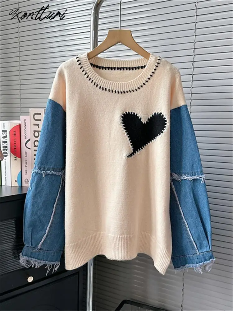 

Kontturi Fall Winter Knit Winter Clothes Women 2023 Loose Casual Vacation Sweatshirt O Neck Long Sleeve Patchwork Denim Pullover