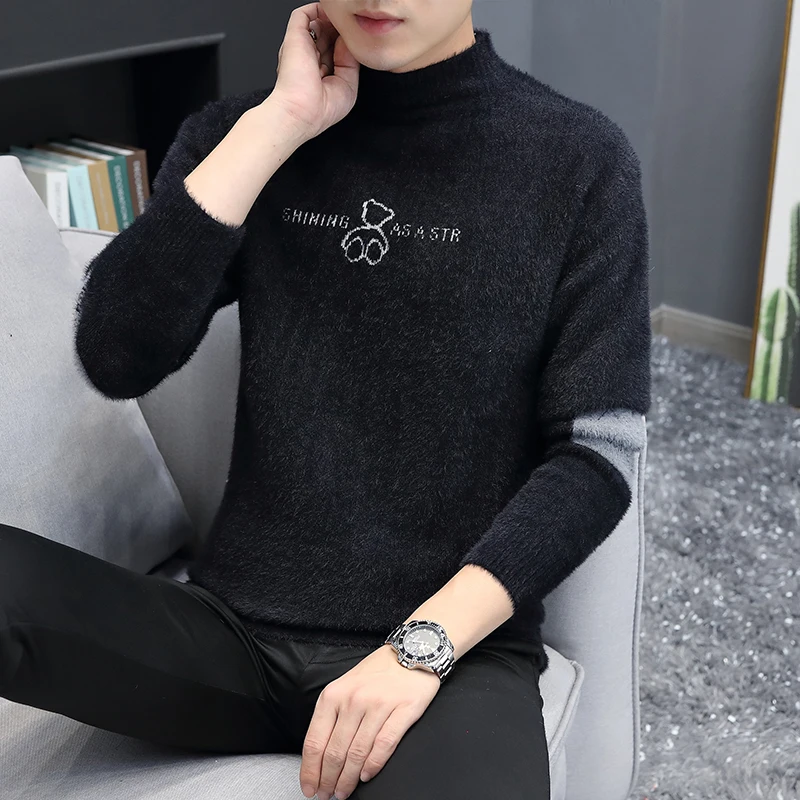 

Мужской вязаный свитер с высоким воротником, утепленный, осенне-зимний, из искусственного норкового бархата, высокого качества, повседневный, с длинными рукавами