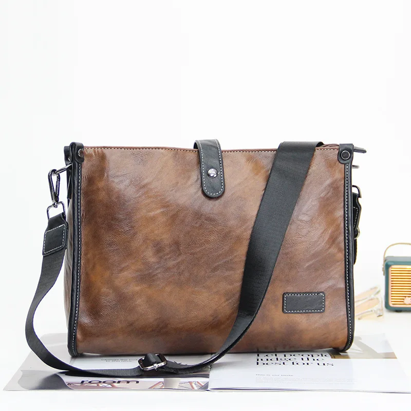 PU leather retro business men's crossbody briefcase with 12-inch iPad compartment, multi-functional travel shoulder bag