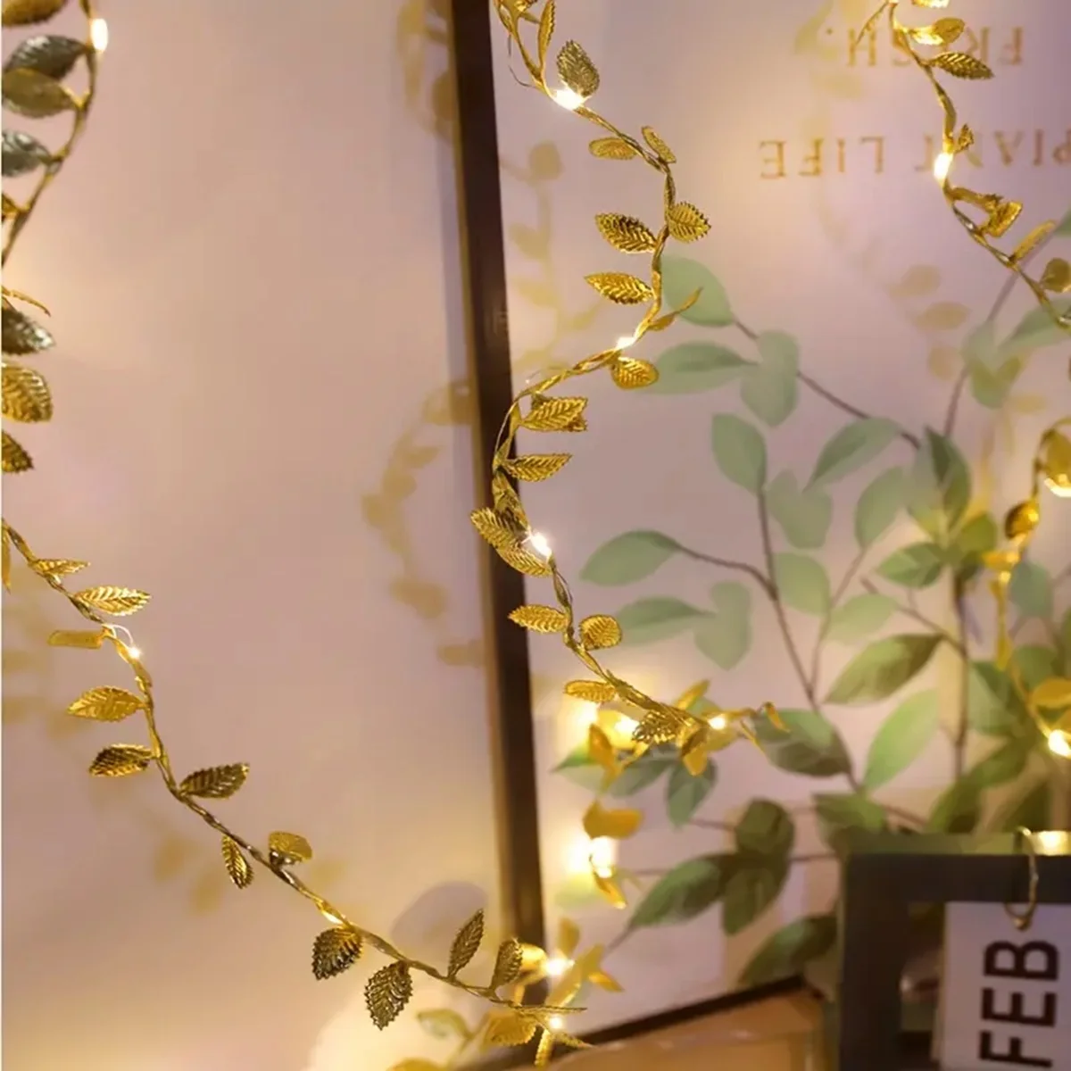 20/50/100LEDs Goldene Silber Winzige Blätter Fee Licht Batterie Powerd Künstliche Pflanze Girlande Reben Lichter Für hochzeit Home Party – Detail 5