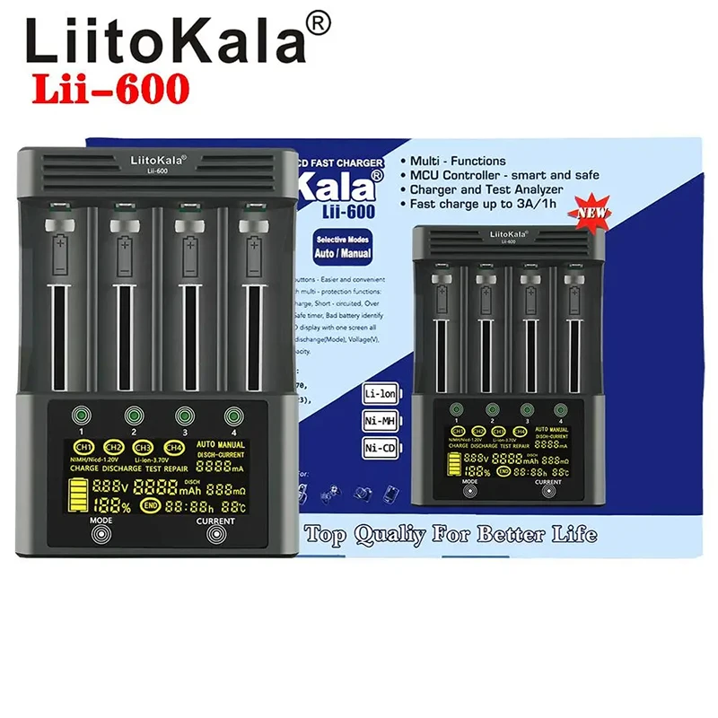 LiitoKala Lii-700 Lii-600 Lii-500 Inteligentna Ładowarka do Akumulatorów Przenośna 3.7V Li-ion Ni-MH AA AAA 18650 21700 26650 18500 z Funkcją Pomiaru Pojemności — zdjęcie produktu 6