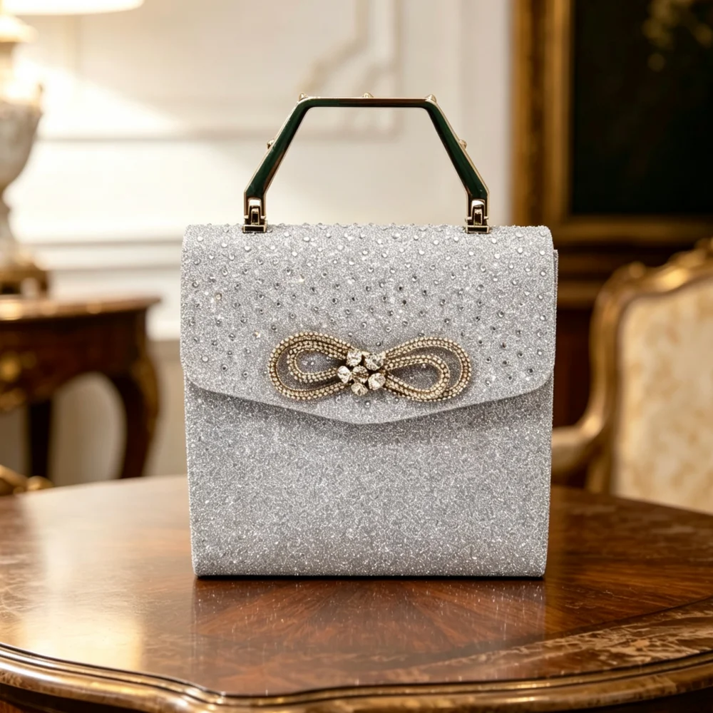 Luxuriöse Designer-Abendtasche für Damen mit Schleife, Wasserdiamanten und Kristallen – Modische Diamant-Handtasche für Partys – Detail 8