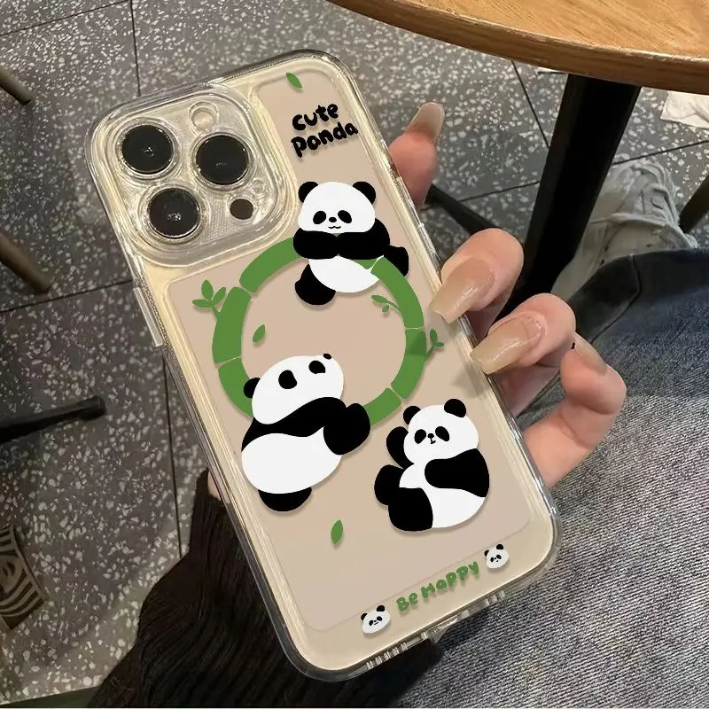 Three Adorable Pandas Transparent TPU Phone Case For iPhone 16 15 14 13 12 11 Pro Max XR XS MAX 7 8 PLUS MINI Shockproof Cover