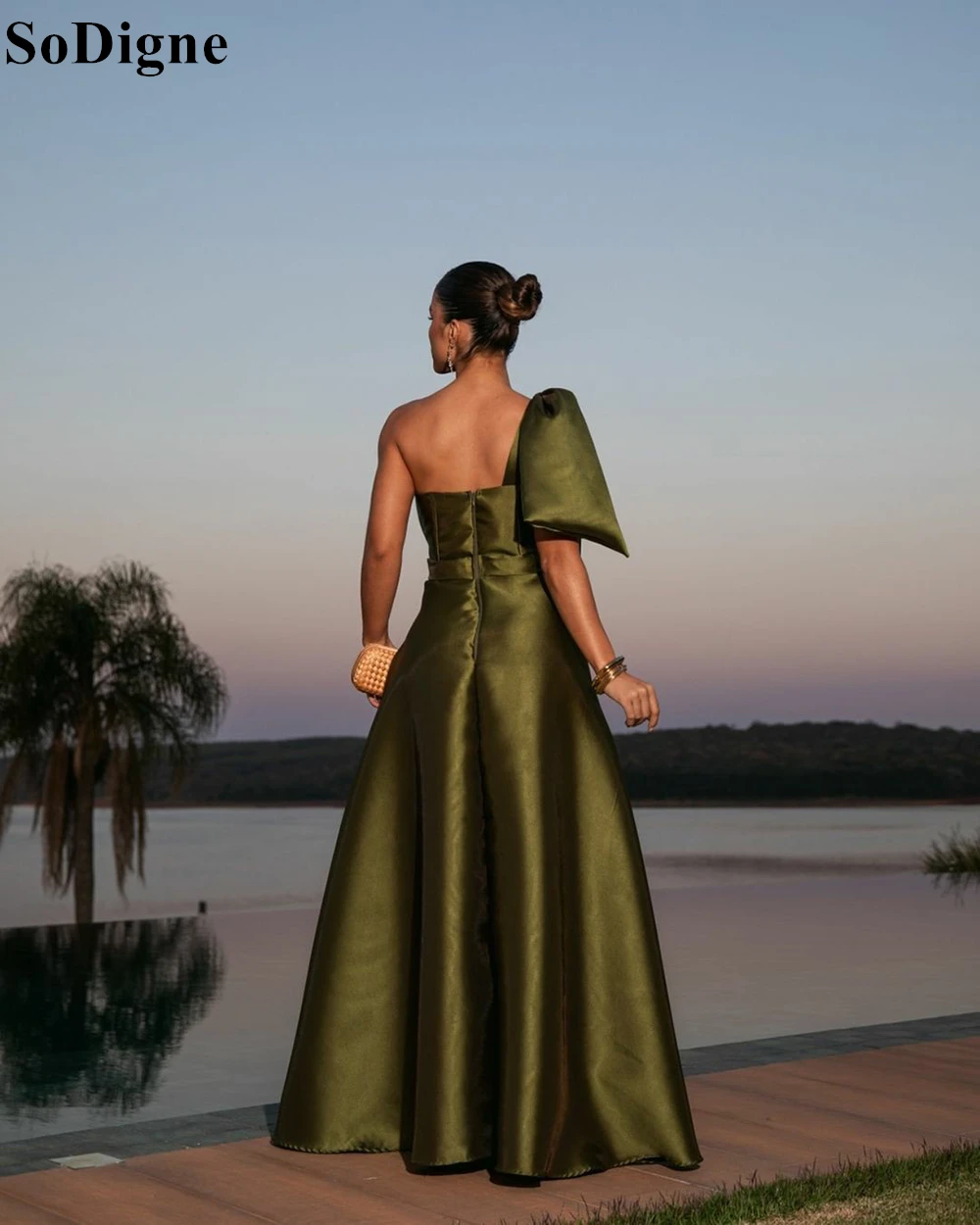 SoDigne Olive Green Satin Evening Dresses One Shoulder A-Line Pleated Backless Party Dress 2024 Elegant Formal Prom Gowns