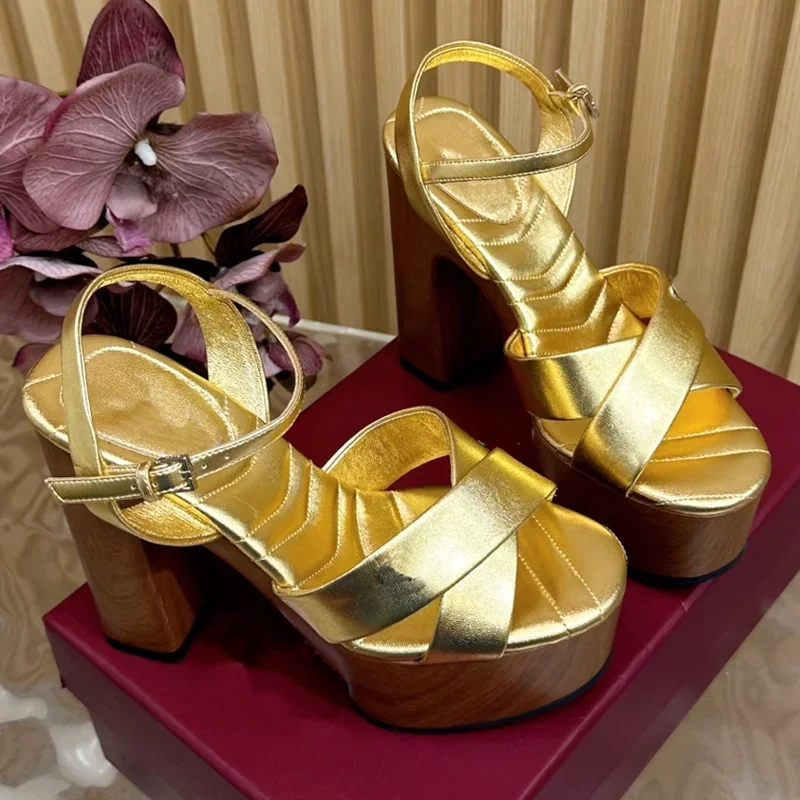 

Mette Leather Platform Cross Tied Sandals Sexy Rouned Toe Square Heel Slingback New Arrivals Fashion Women Modern Shoes