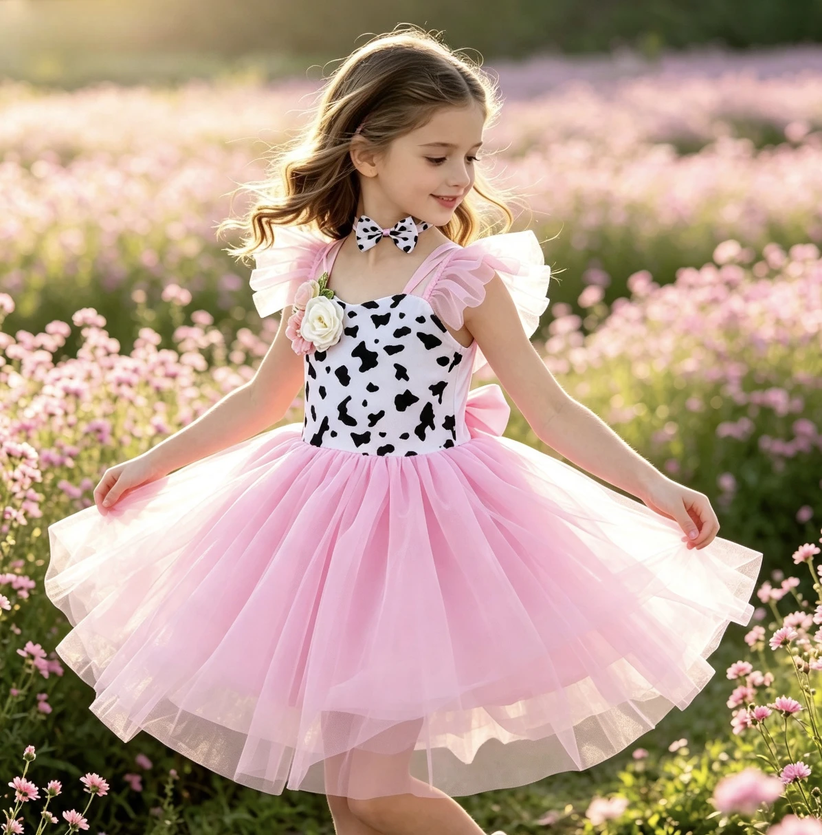 Children Cute Sweet Pink Cow Animal Themed Flowing Tutu Dress With Accessories Set Halloween Masquerade Party Role Play Clothing